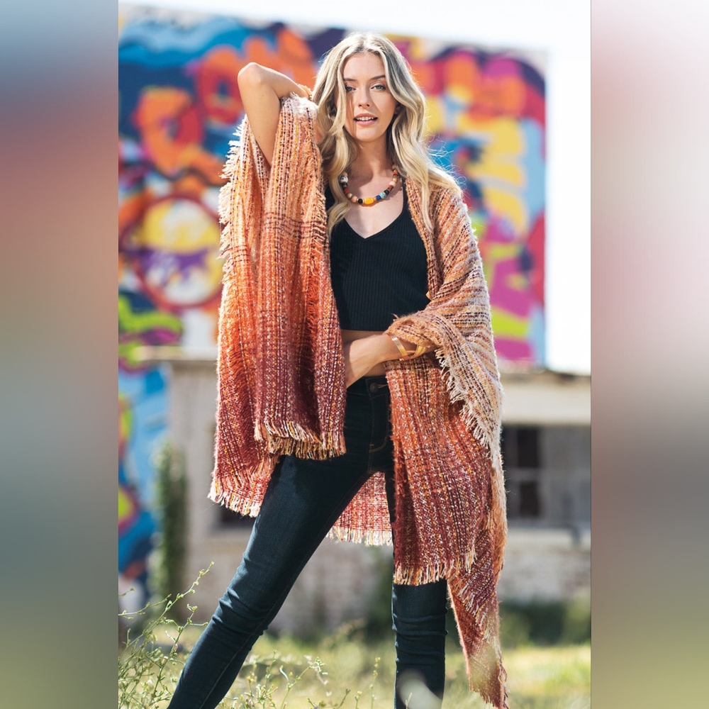 Autumn Sunrise Hooded Ruana - Bottom & Side Fringe - Multicolored Yarns - Picture 5 of 7